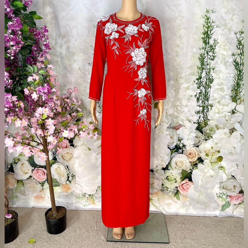 ao dai chiffon chi phong, Vietnamese traditional long dress set red l 4 🎁 new